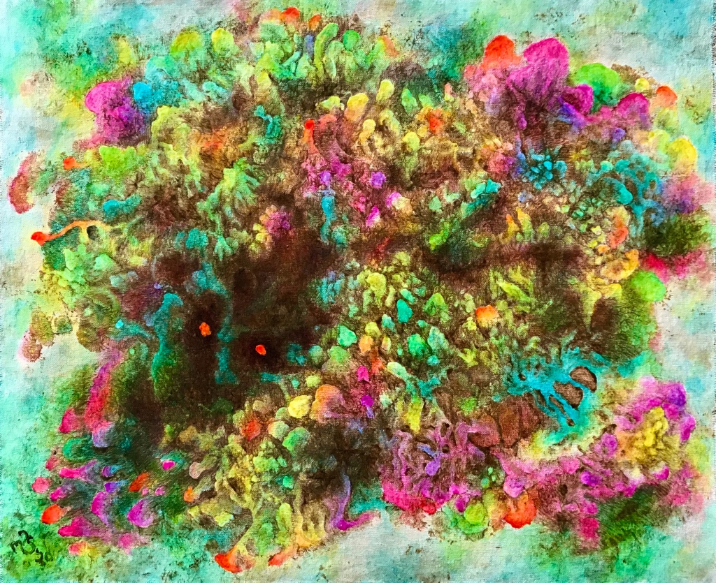 Full view of an abstract painting by MJ Seal that looks like some peculiar, rainbow-hued cluster of fungus