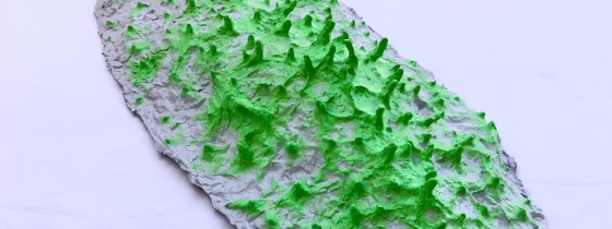 Close up detail of one of the five pieces of an abstract paper mache sculpture by MJ Seal that resmbles a group of giant gray slugs with acid green spikes roving across the ground