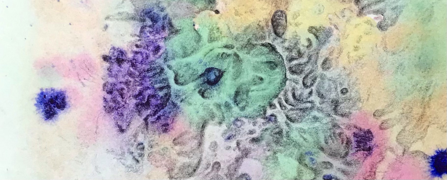 Detail of a biomorphic graphite drawing over an abstract watercolor painting by MJ Seal