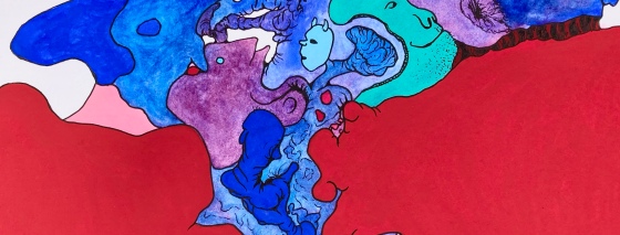 detail of a surreal biomorphic ink drawing on an abstract watercolor painting by MJ Seal